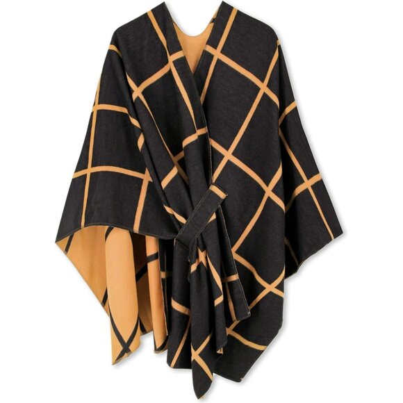Women Shawl Wrap Poncho Cape Open Front Cardigan Fall Winter Black Sandstone - Picture 1 of 5